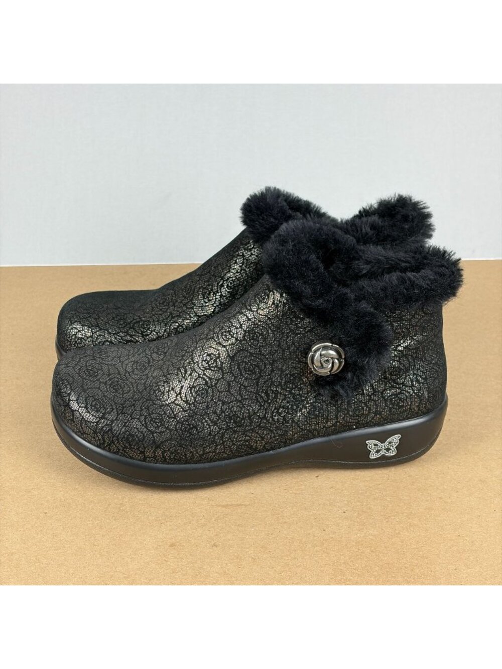 Alegria Meri Metallic Black Ankle Boots Womens 7/7.5 EU 37 Black Silver Side Zip